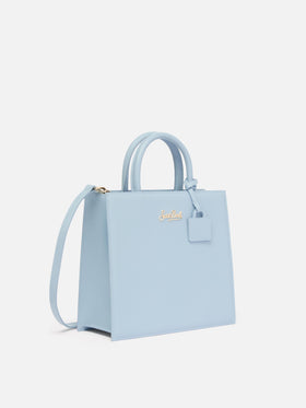 Structured Shop Midi bag in light blue smooth leather with metal tag