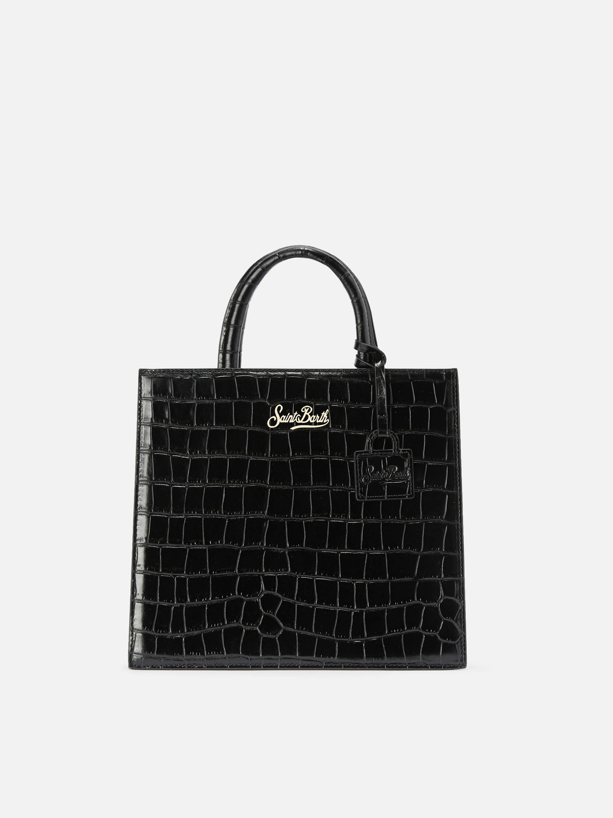 Borsa Medium Shop nera in pelle stampa cocco con placca logo in metallo
