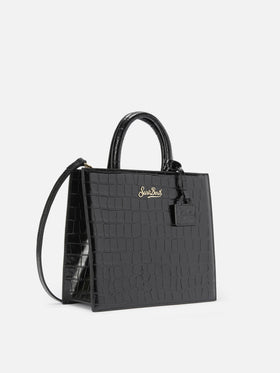 Borsa Medium Shop nera in pelle stampa cocco con placca logo in metallo