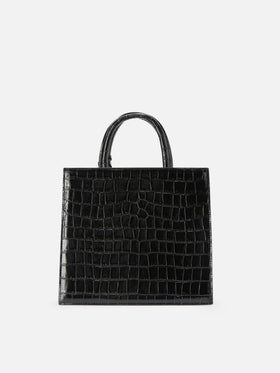 Borsa Medium Shop nera in pelle stampa cocco con placca logo in metallo