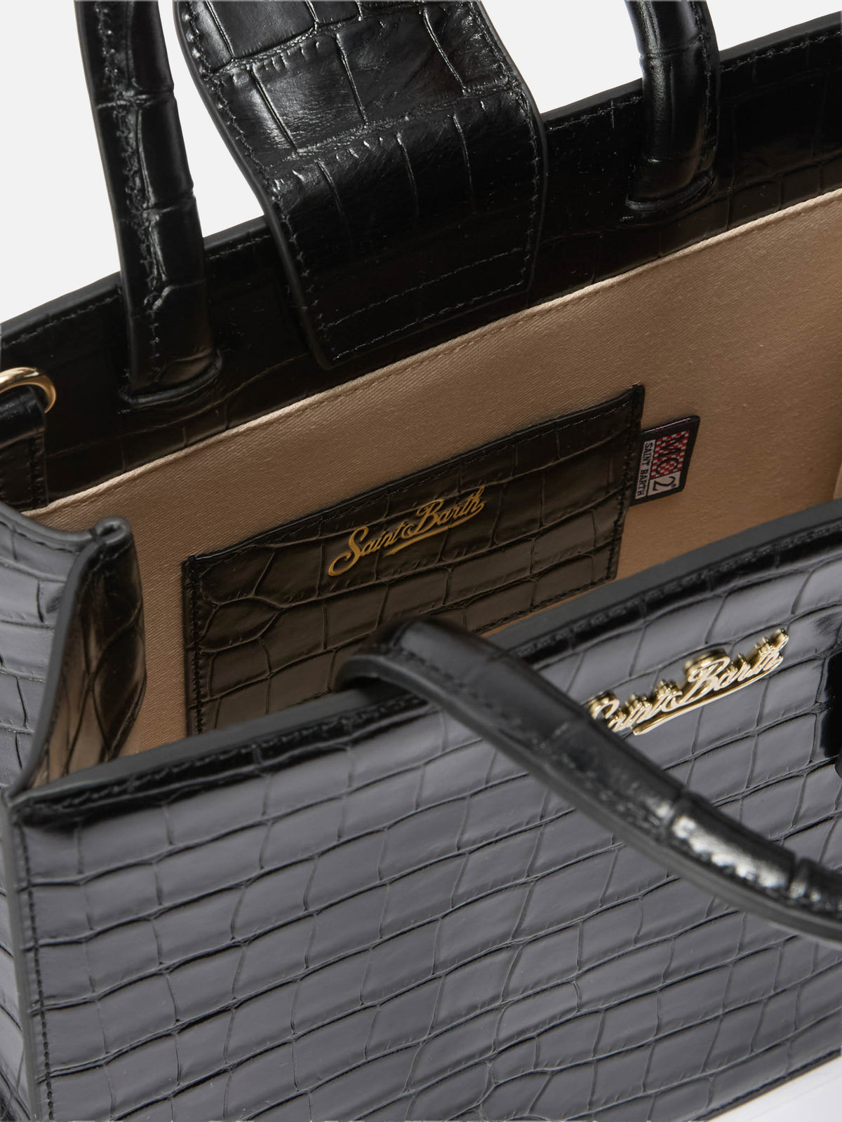 Borsa Medium Shop nera in pelle stampa cocco con placca logo in metallo