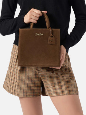 Borsa Medium Shop marrone in camoscio con scritta logo
