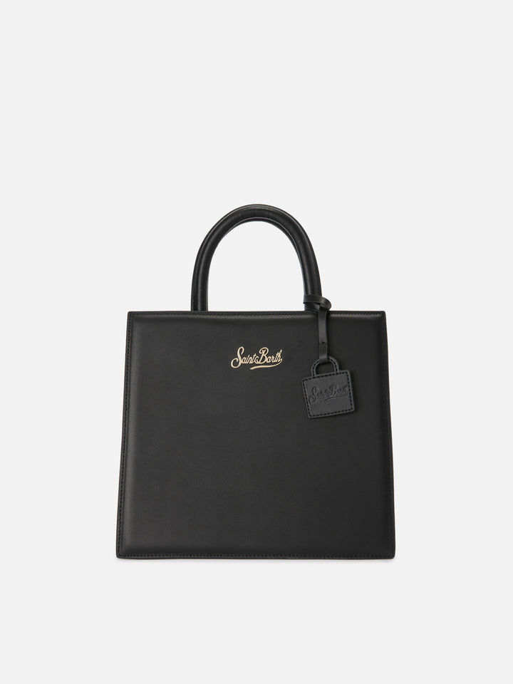 Strukturierte Shop Midi-Tasche aus glattem schwarzem Leder mit Metallanhänger 