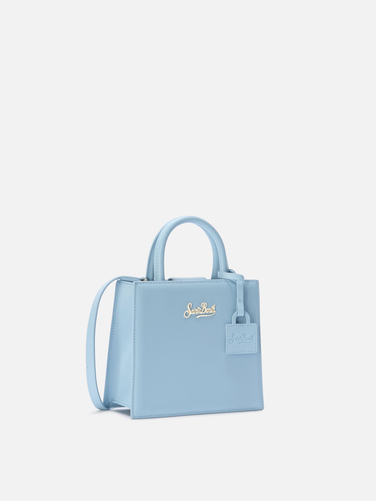 Strukturierte Shop Mini Bag aus hellblauem Glattleder mit Metallanhänger 