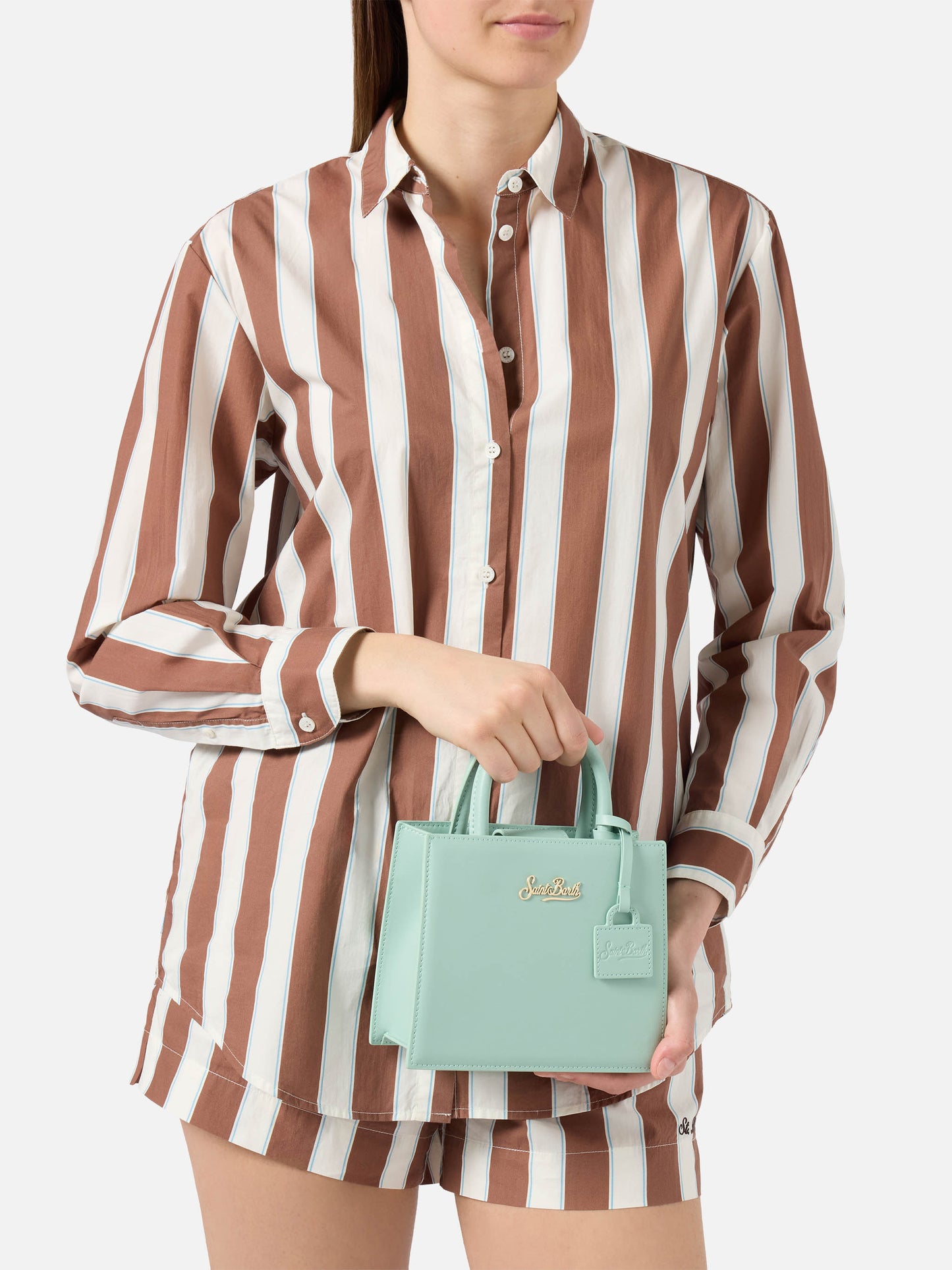 Die Structured Shop Mini Bag aus mintgrünem Glattleder mit Metall-Tag 