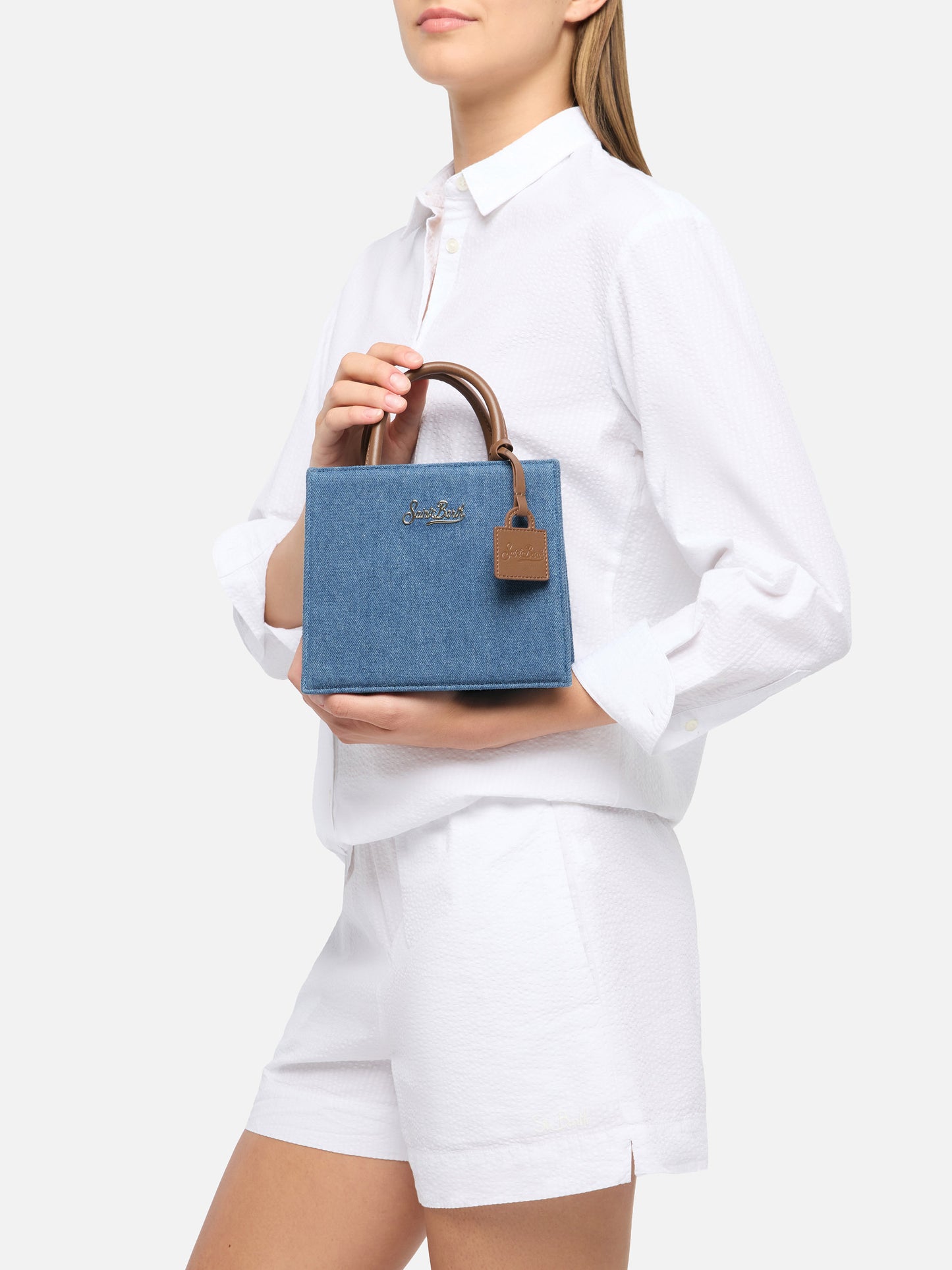 Shop Bag Mini in denim with leather details
