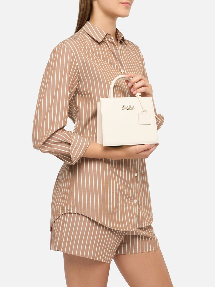 Borsa Shop mini strutturata in pelle liscia bianca con targhetta metallica