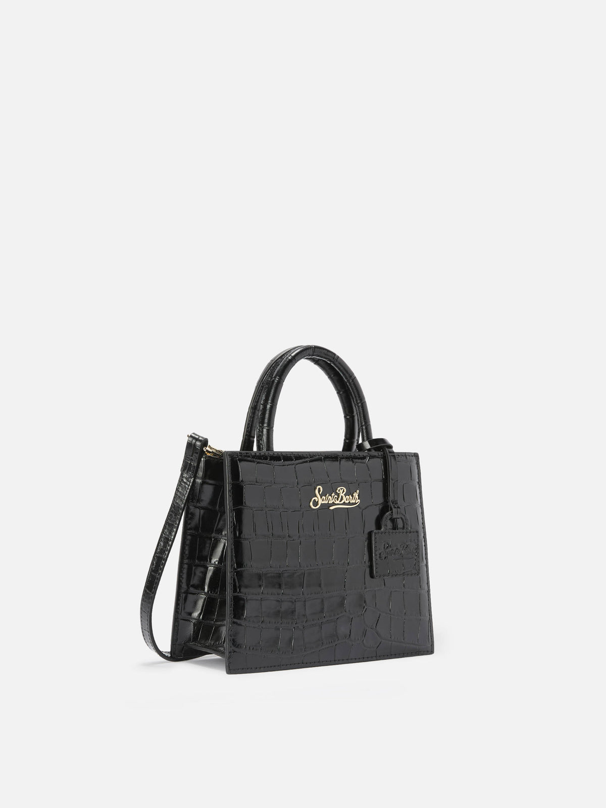 Bolso shopping mini negro en piel con estampado croco 