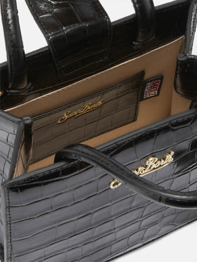 Bolso shopping mini negro en piel con estampado croco 