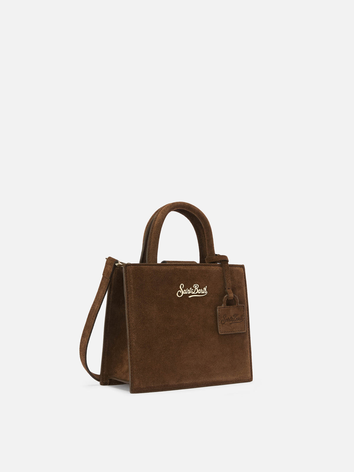 Mini shopping bag marrón de ante con lettering del logo 