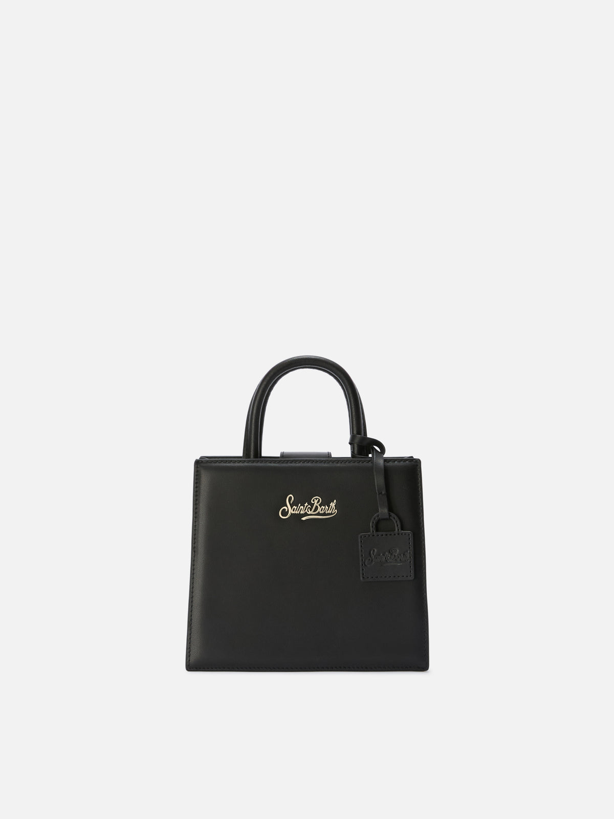 Die Structured Shop Mini-Bag aus schwarzem Glattleder mit Metallanhänger 