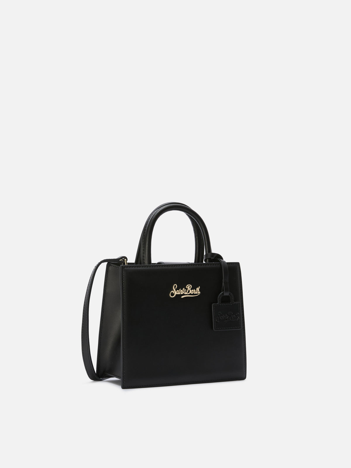 Die Structured Shop Mini-Bag aus schwarzem Glattleder mit Metallanhänger 