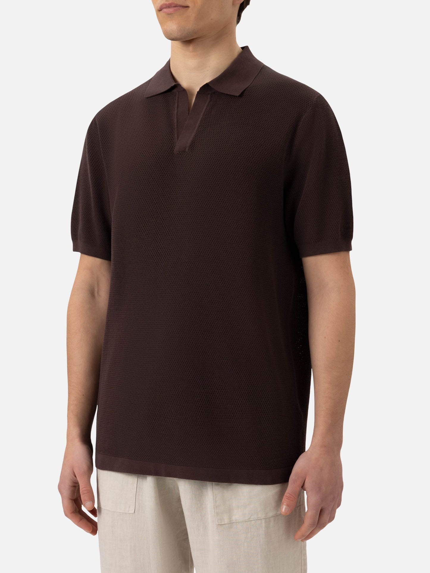 Sloan brown buttonless mesh knitted polo shirt