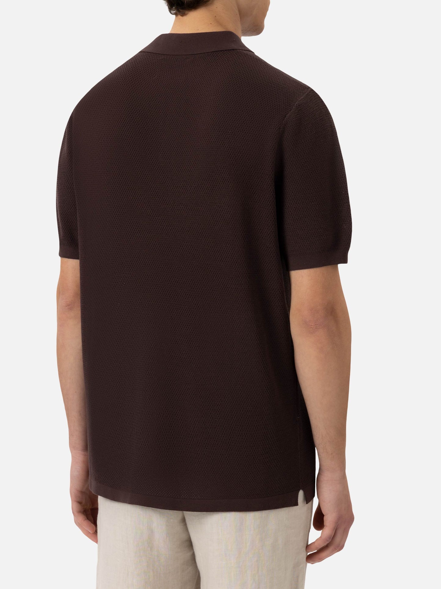 Sloan brown buttonless mesh knitted polo shirt