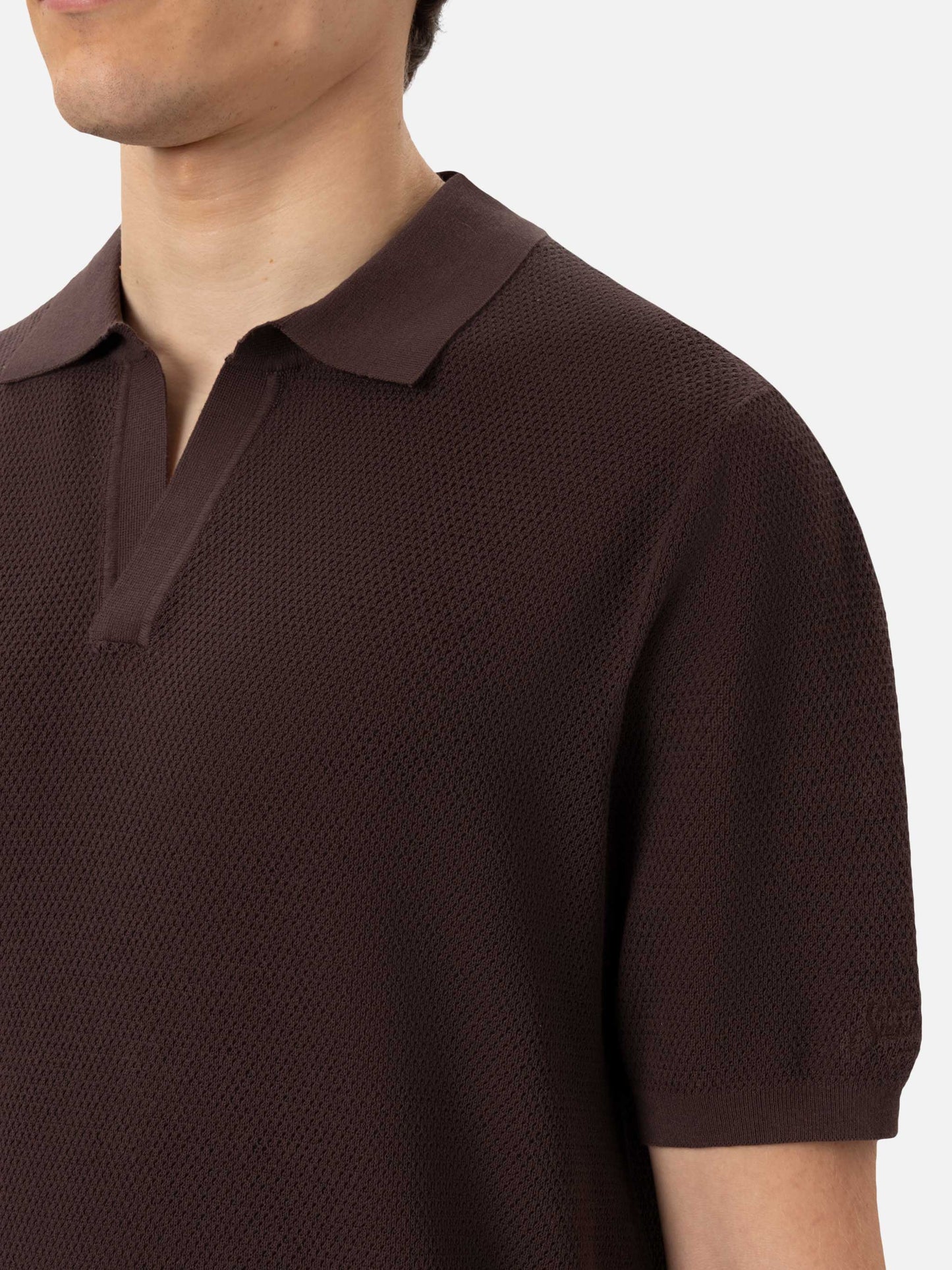 Sloan brown buttonless mesh knitted polo shirt