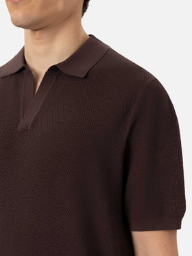 Sloan brown buttonless mesh knitted polo shirt
