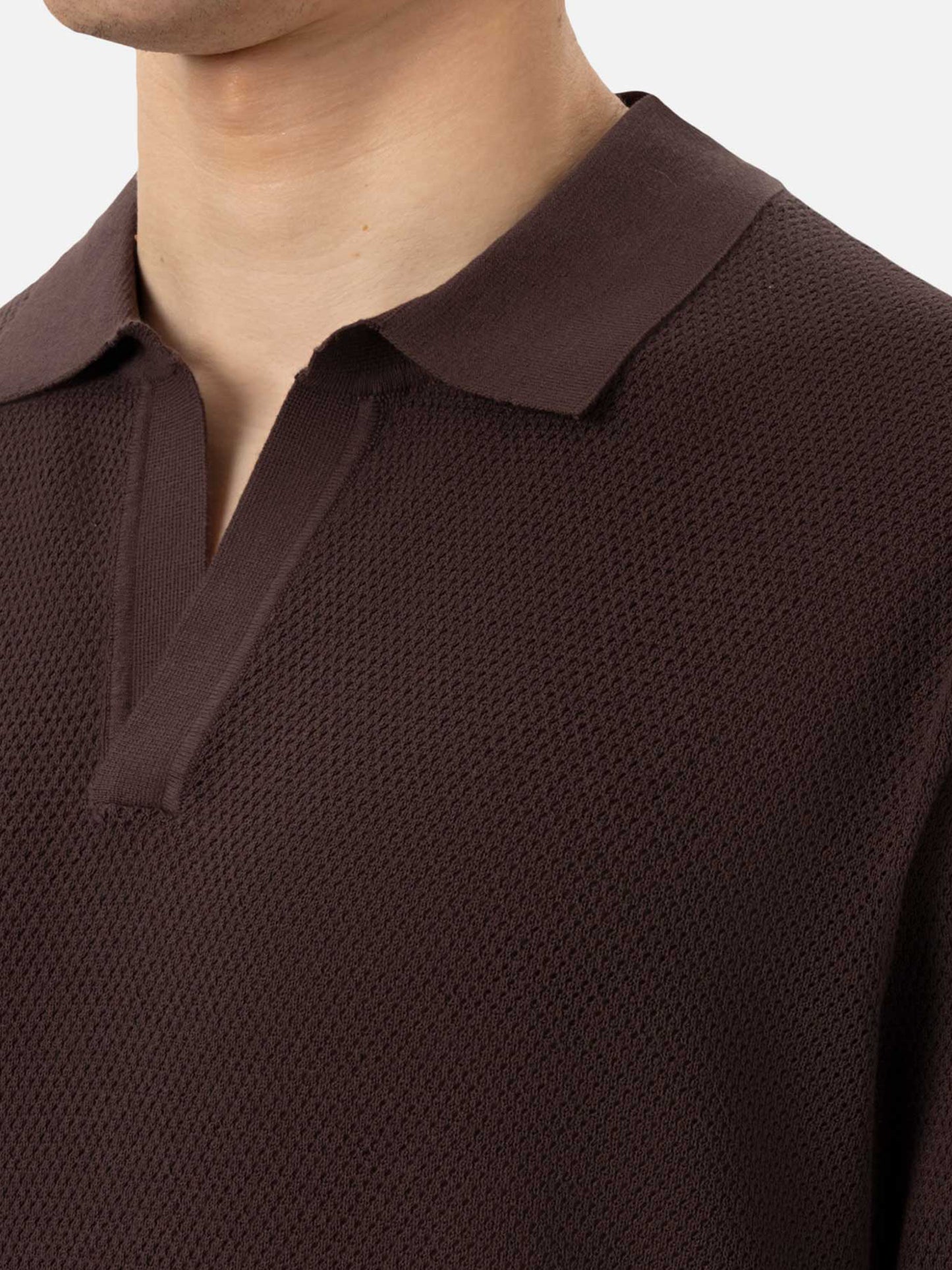Sloan brown buttonless mesh knitted polo shirt