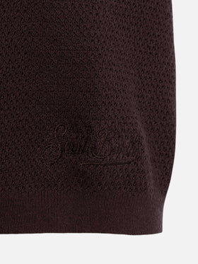 Sloan brown buttonless mesh knitted polo shirt