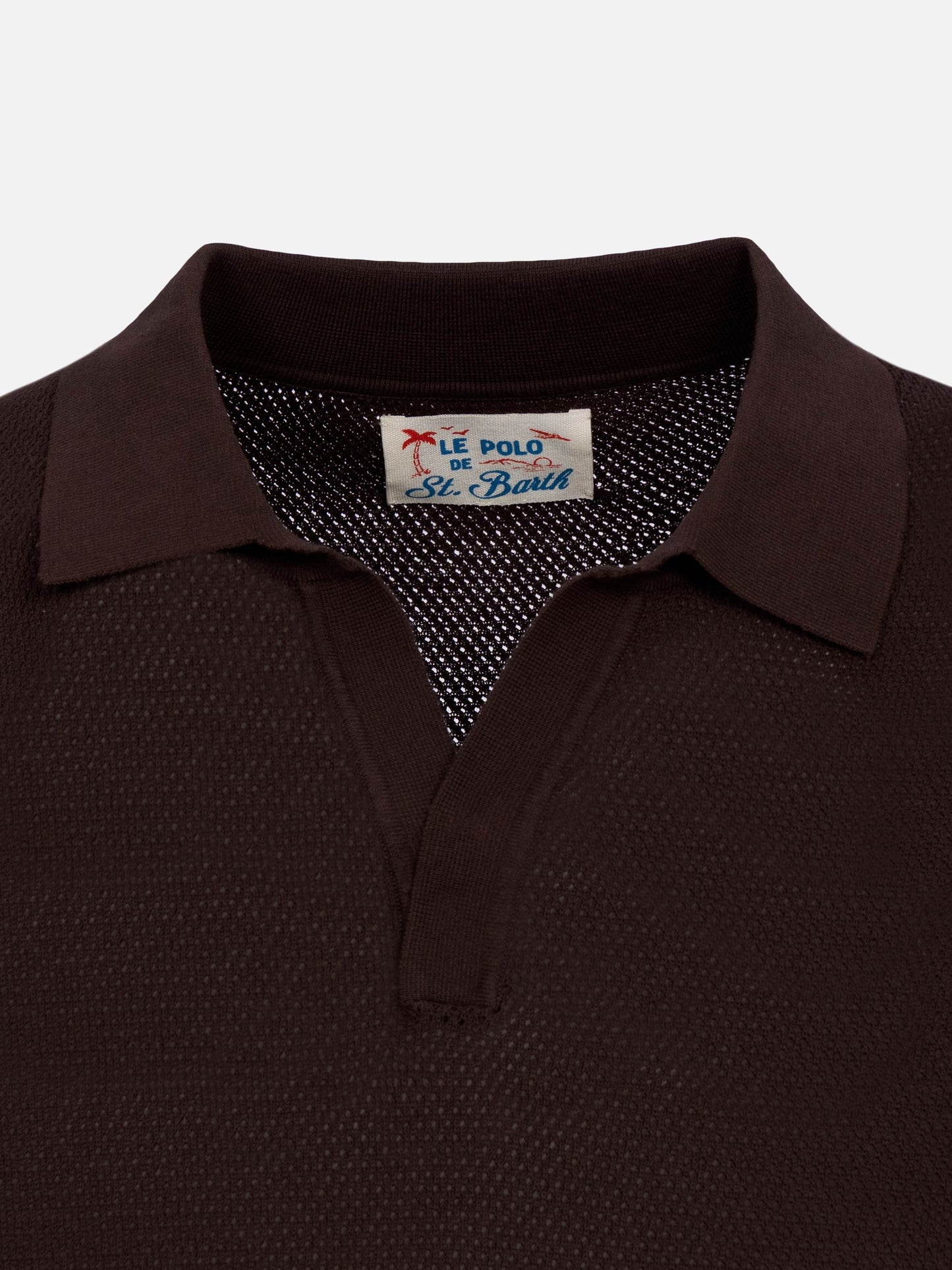 Sloan brown buttonless mesh knitted polo shirt