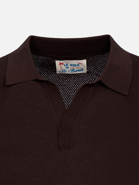 Sloan brown buttonless mesh knitted polo shirt