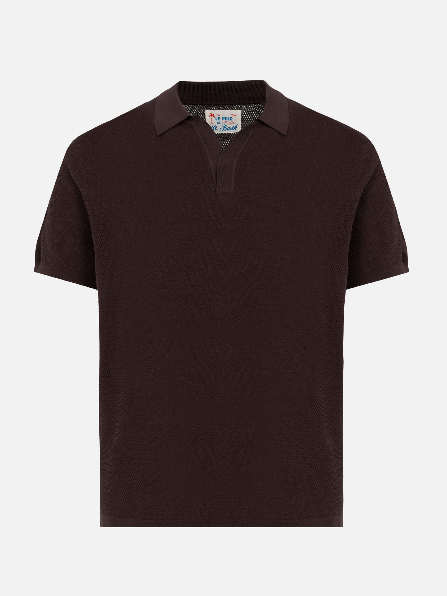 Sloan brown buttonless mesh knitted polo shirt
