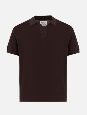 Sloan brown buttonless mesh knitted polo shirt