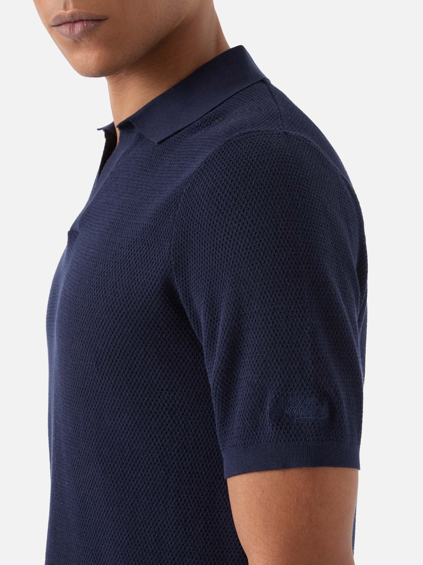 Polo Sloan Mesh in cotone pregiato high twist tinta unita blu