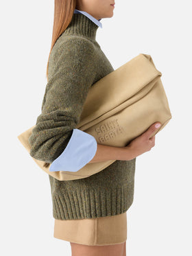 Beige suede Maxi pouch with logo patch