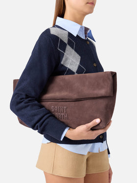 Brown suede Maxi pouch with logo patch