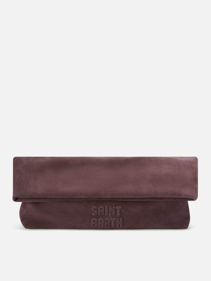 Maxi pouch en daim marron avec patch logo 