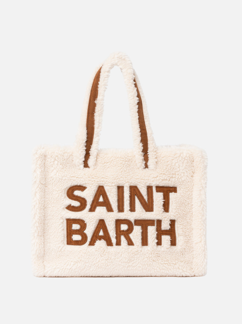 Weiße Soft Bag Small aus Teddyfell mit Saint Barth-Logo und Schultergurt