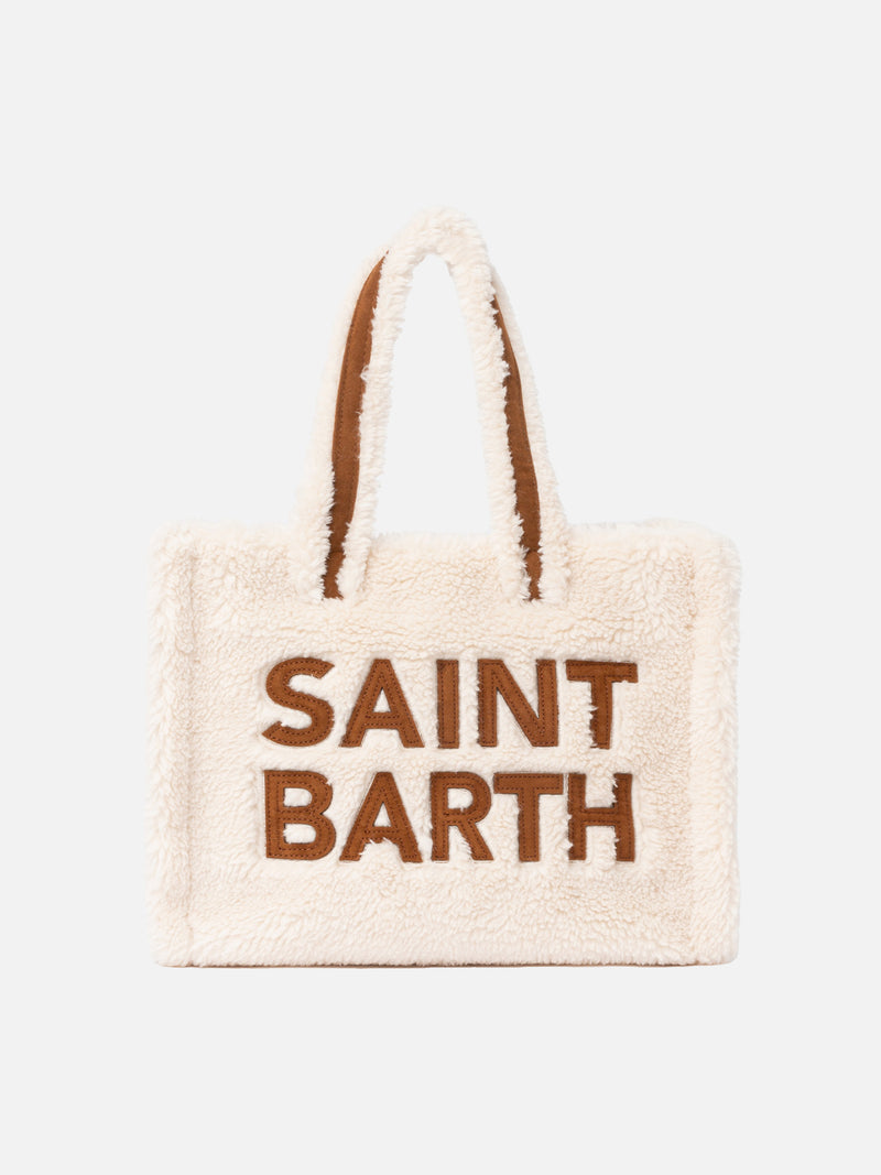 Weiße Soft Bag Small aus Teddyfell mit Saint Barth-Logo und Schultergurt