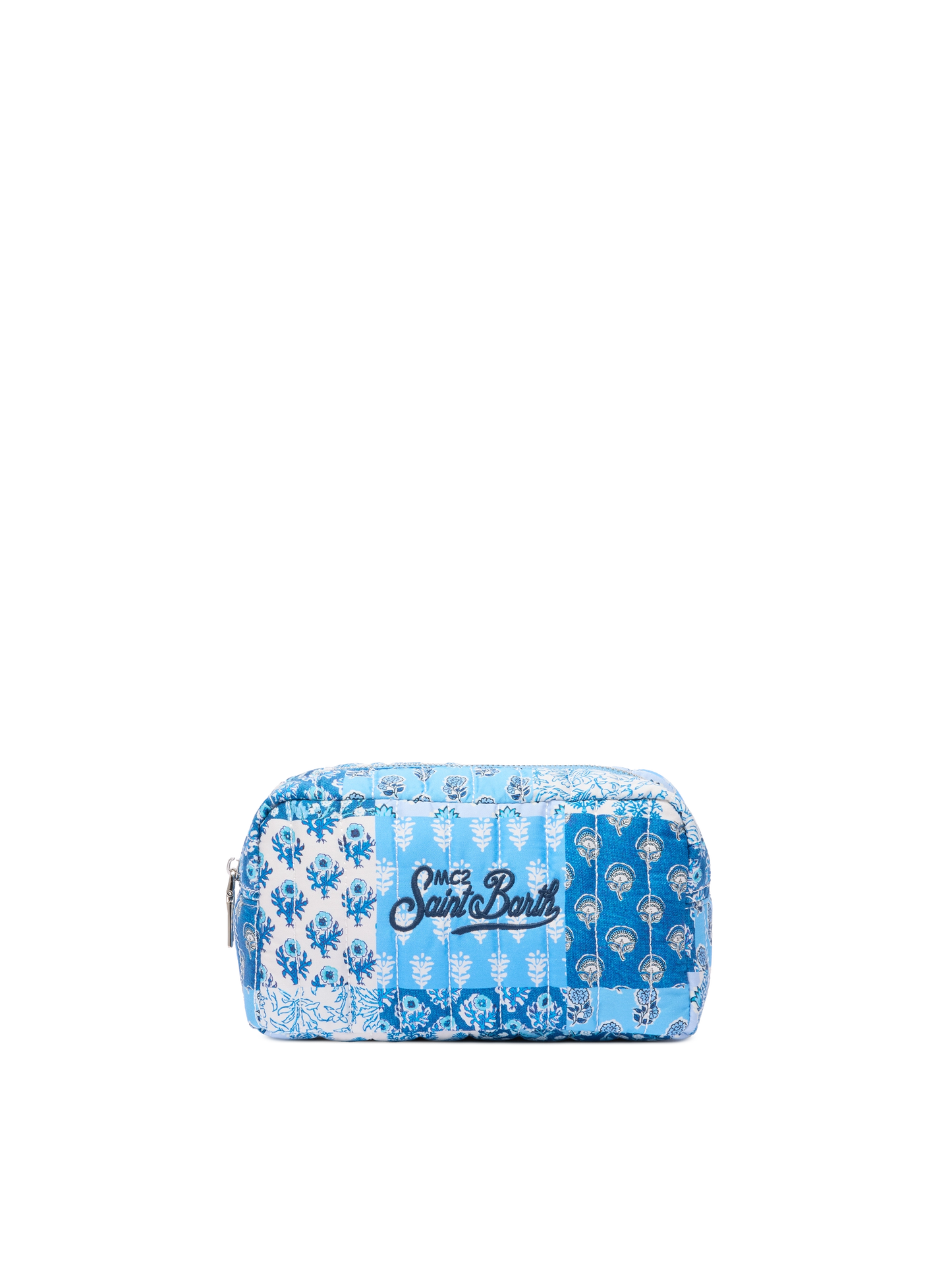 Weicher Beutel mit Steppmuster und blauen Blumen