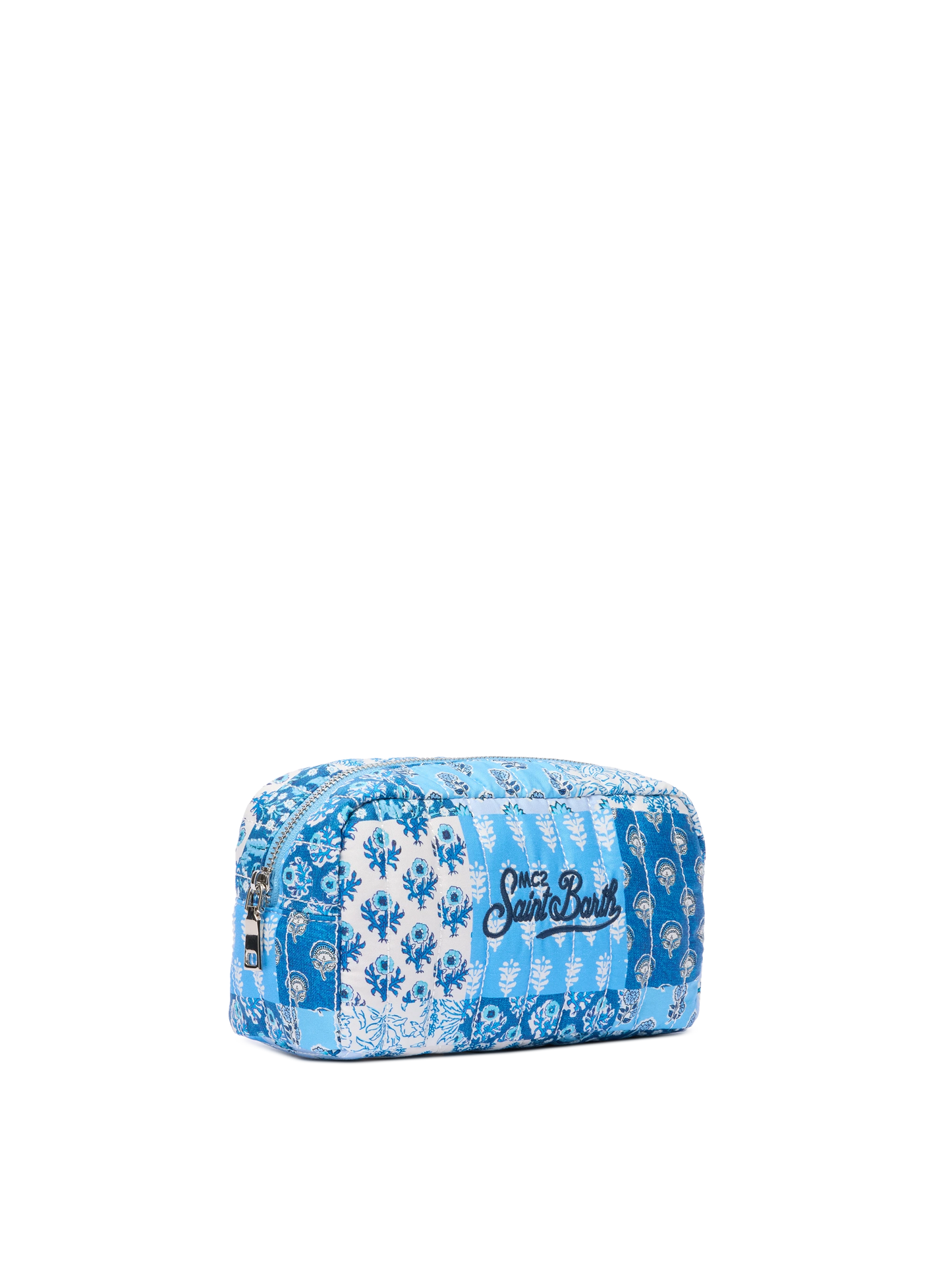 Weicher Beutel mit Steppmuster und blauen Blumen