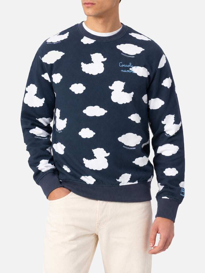 Crewneck blue sweatshirt with Coccole e nuvole embroidery | COCCOLEBIMBI SPECIAL EDITION