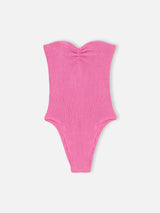 Costume intero da donna senza spalline fucsia in lurex Soleil