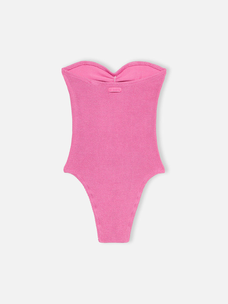 Costume intero da donna senza spalline fucsia in lurex Soleil