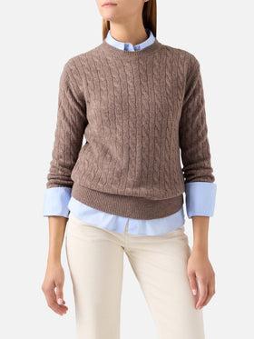 Woll-Strickpullover Sorbonne Nut mit Rundhalsausschnitt und Zopfmuster 