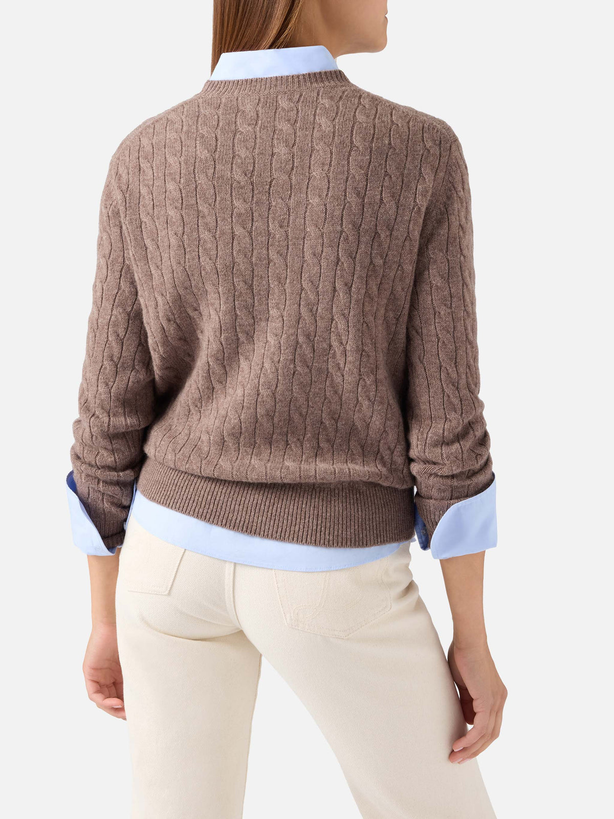 Woll-Strickpullover Sorbonne Nut mit Rundhalsausschnitt und Zopfmuster 