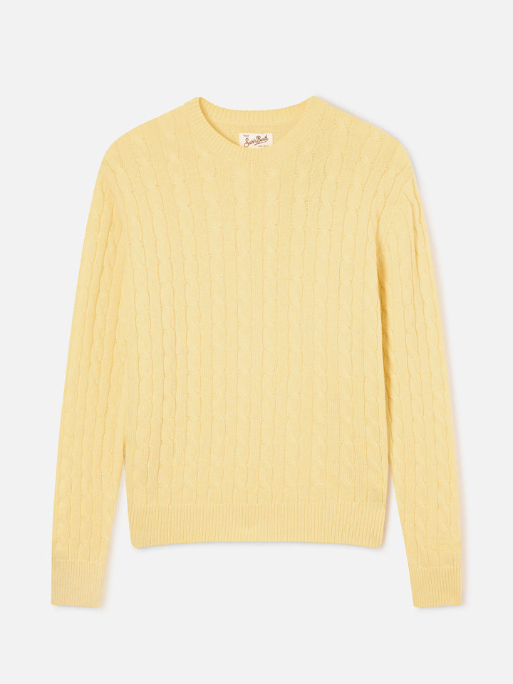 Pull col rond Sorbonne en laine jaune clair avec maille torsadée 