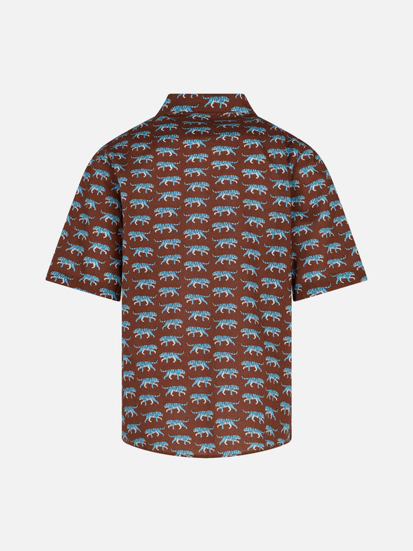 Braunes Boy-Musselin-Baumwollhemd Sharouk mit Tiger-Print