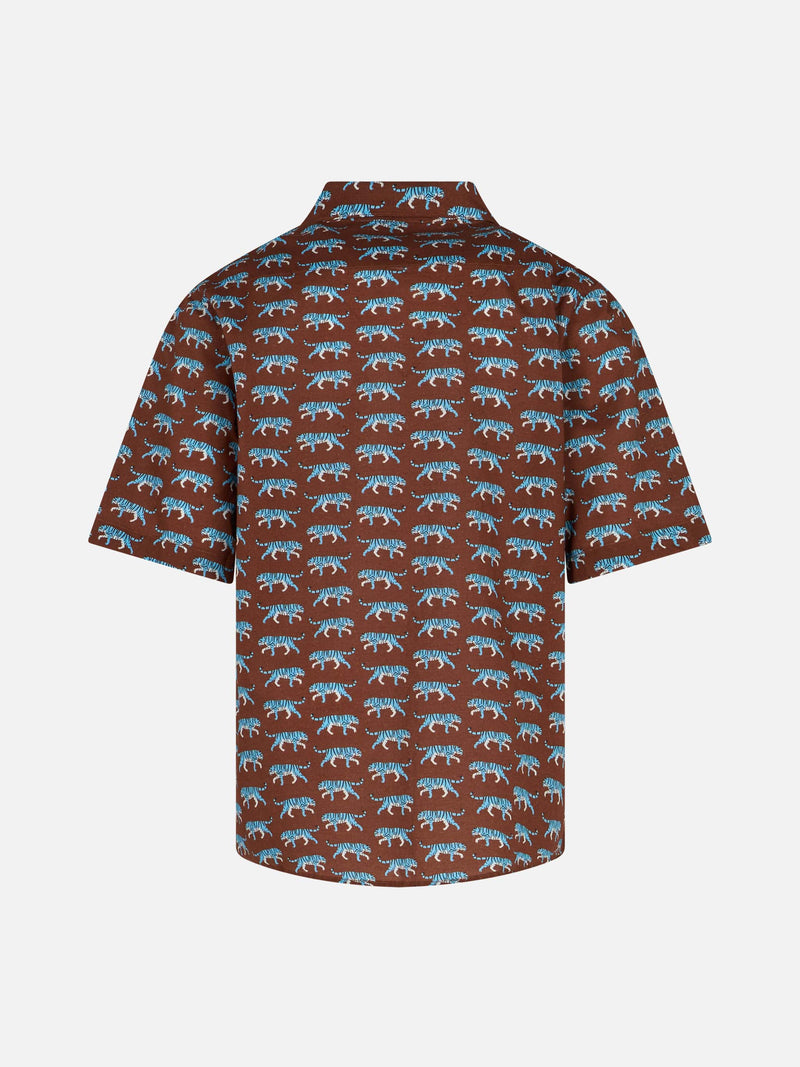 Braunes Boy-Musselin-Baumwollhemd Sharouk mit Tiger-Print