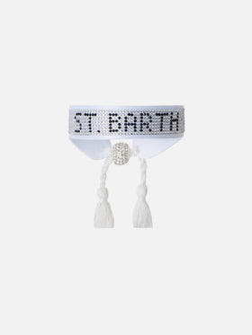 Bracciale in tessuto con lettering St. Barth in perline bianche