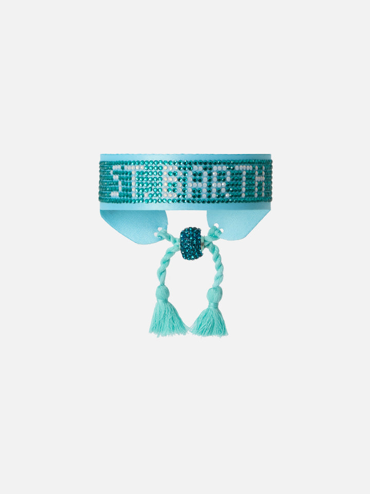 Bracciale in tessuto con lettering St. Barth in perline azzurre