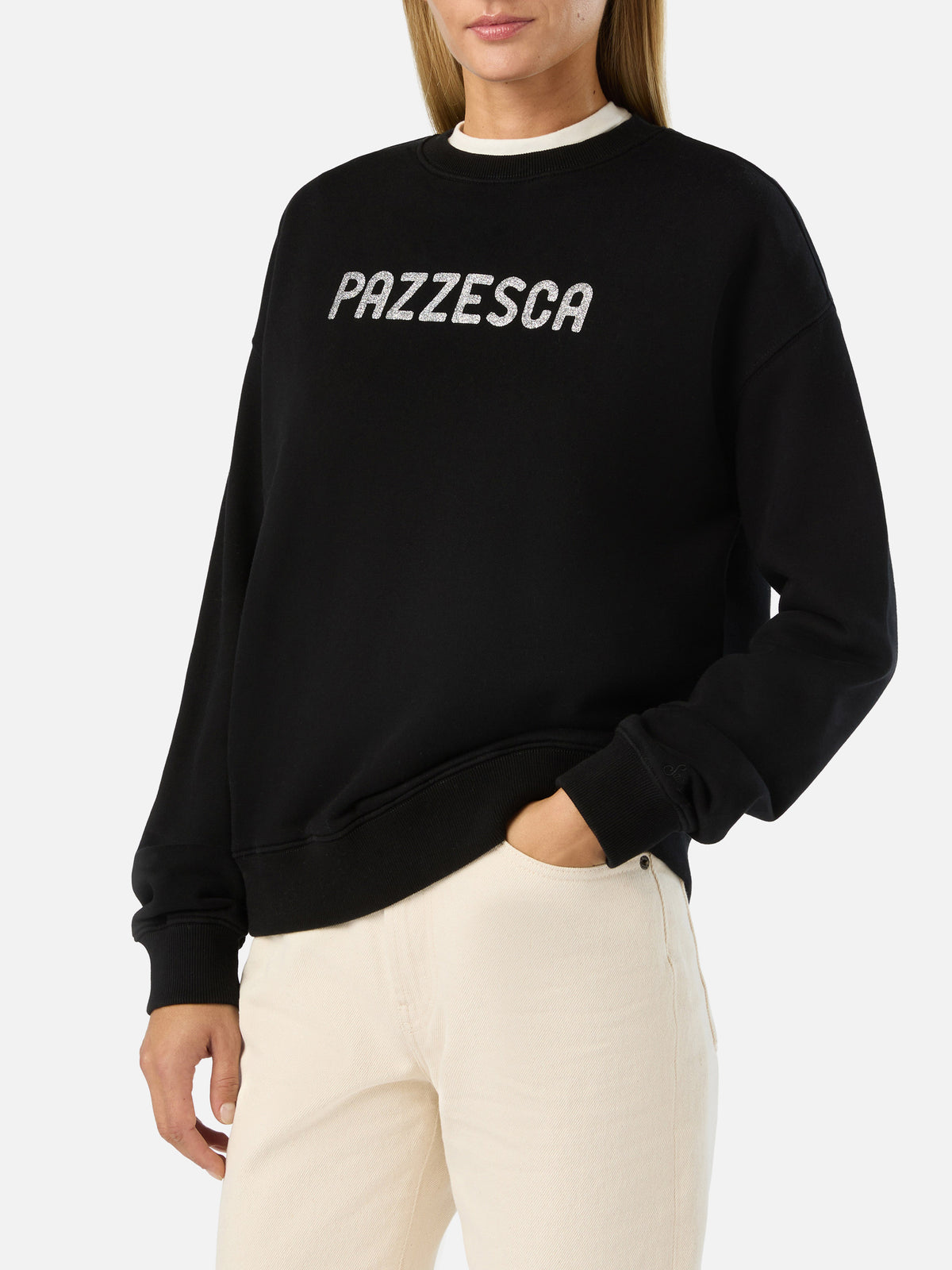 Schwarzes Stardust-Sweatshirt mit Pazzesca-Glitzerprint 