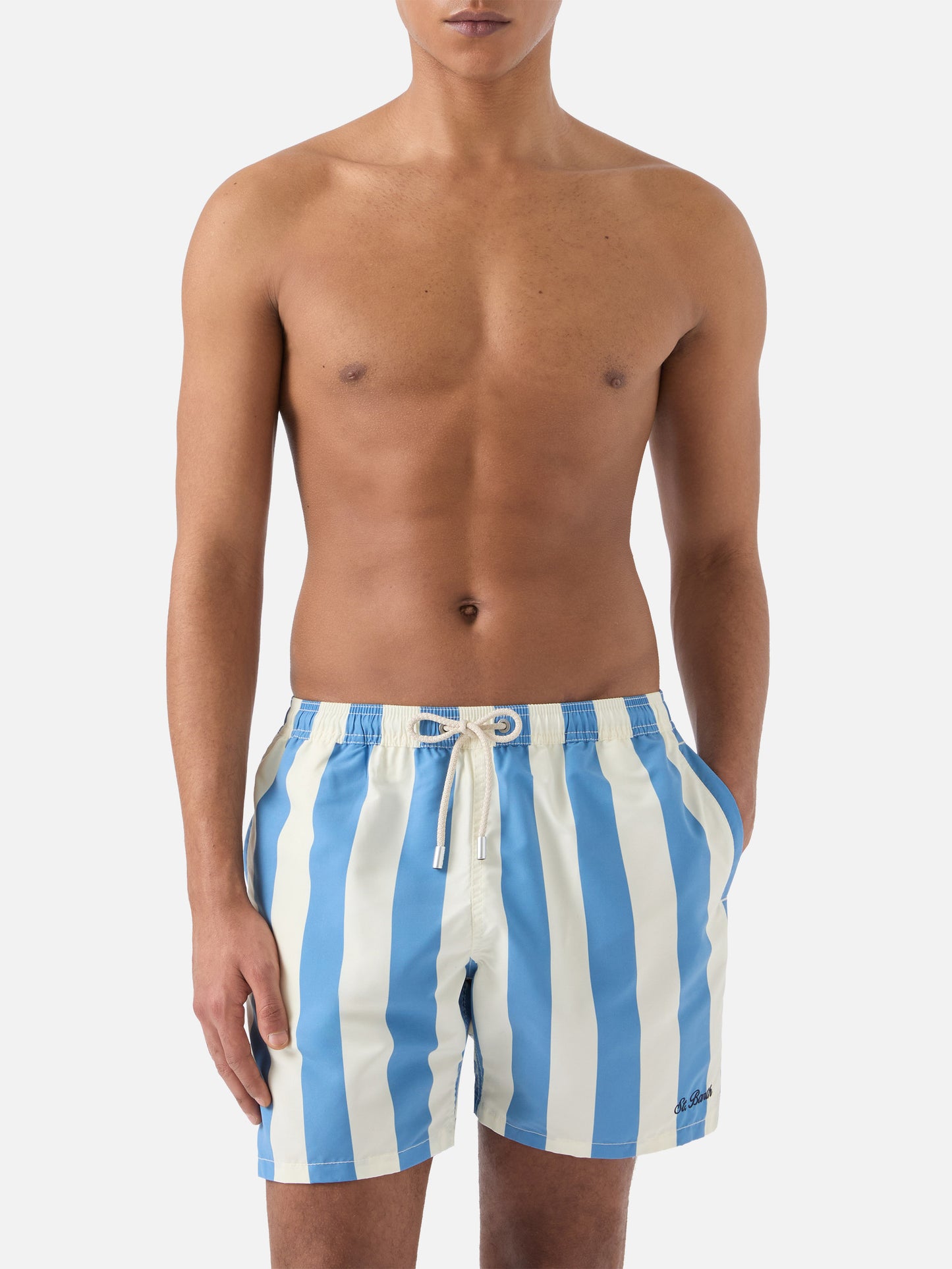 Syros swim shorts with white and light blue stripes
