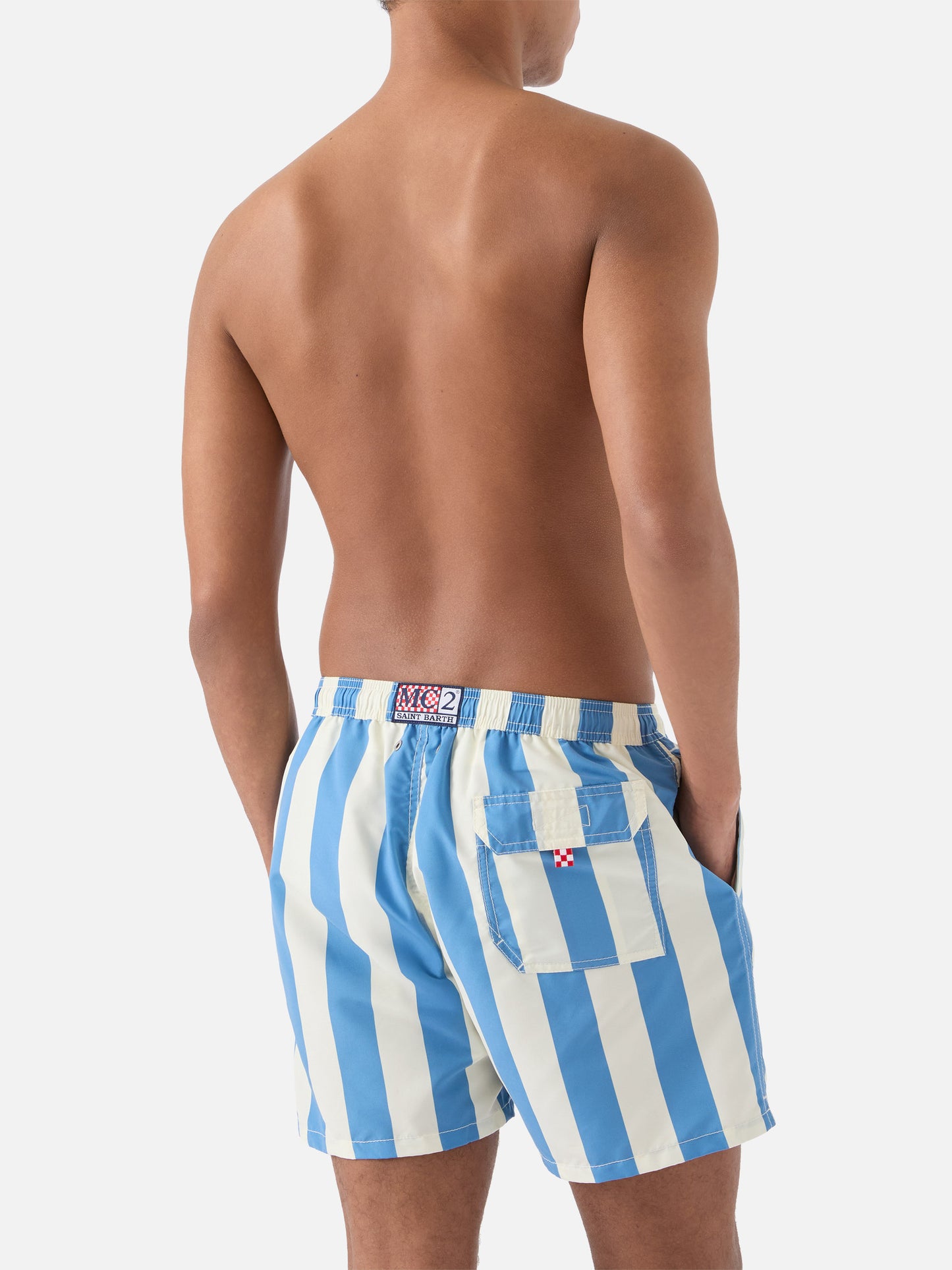 Syros swim shorts with white and light blue stripes
