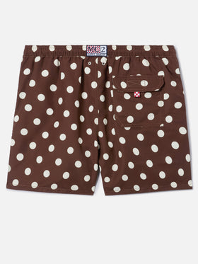 Syros swim shorts in brown with polka dot embroidery
