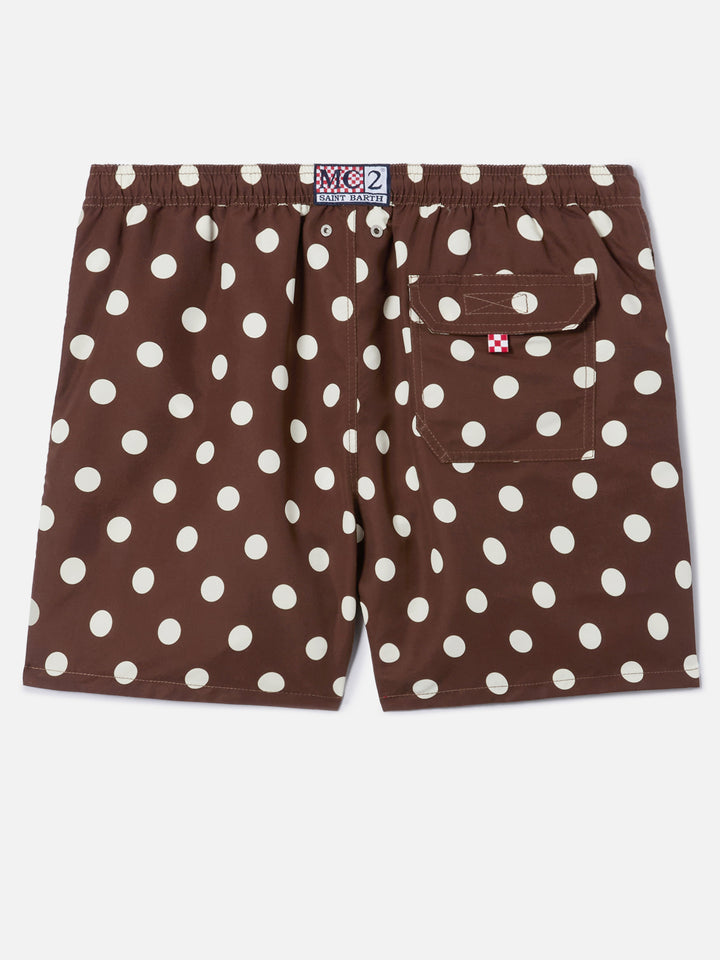 Costume mare Syros marrone con ricamo pois a contrasto