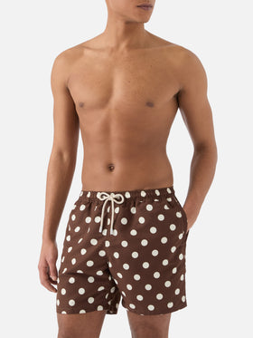 Syros swim shorts in brown with polka dot embroidery